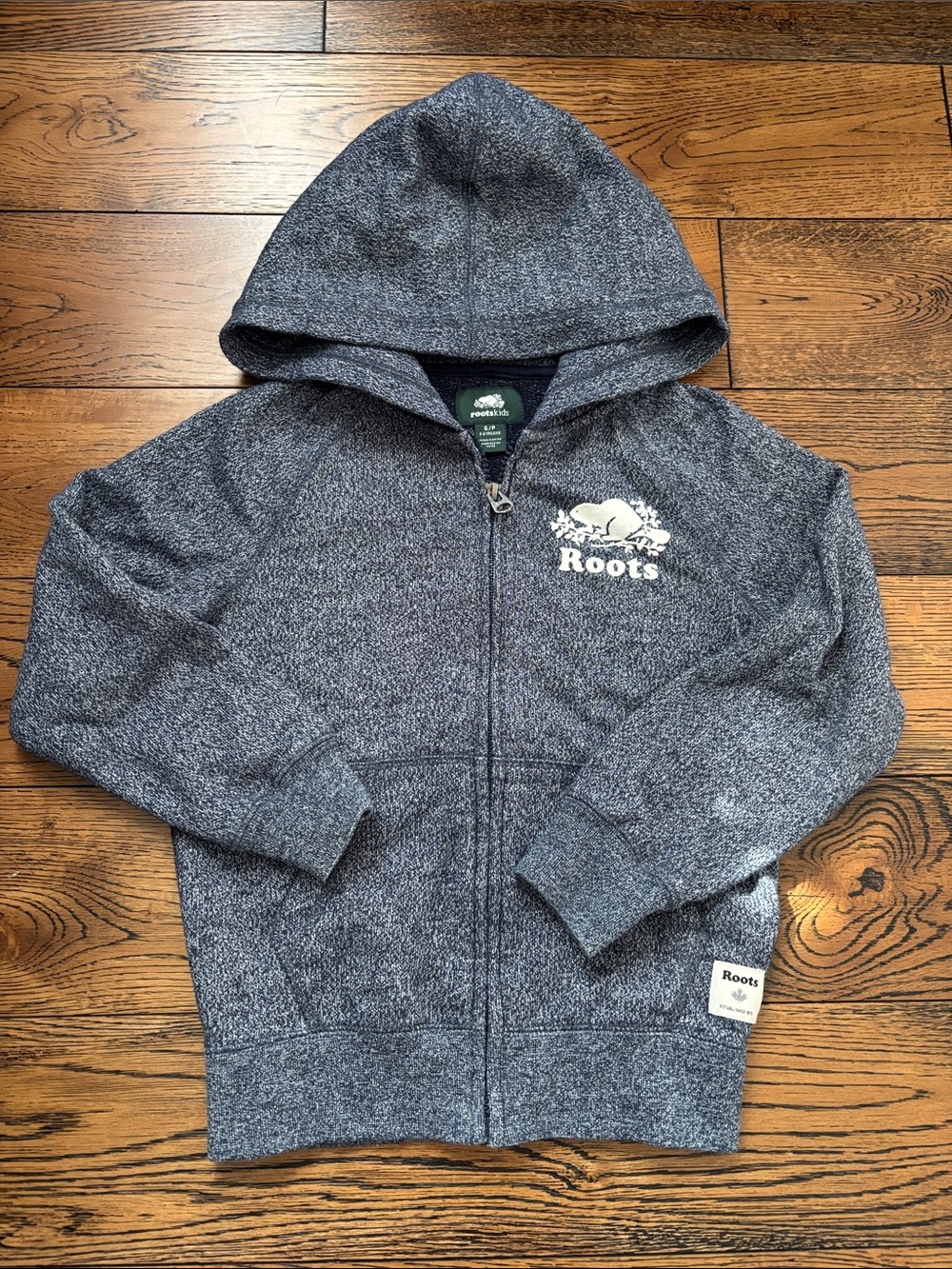 Roots Navy Heather Zip Hoodie with White Beaver Logo